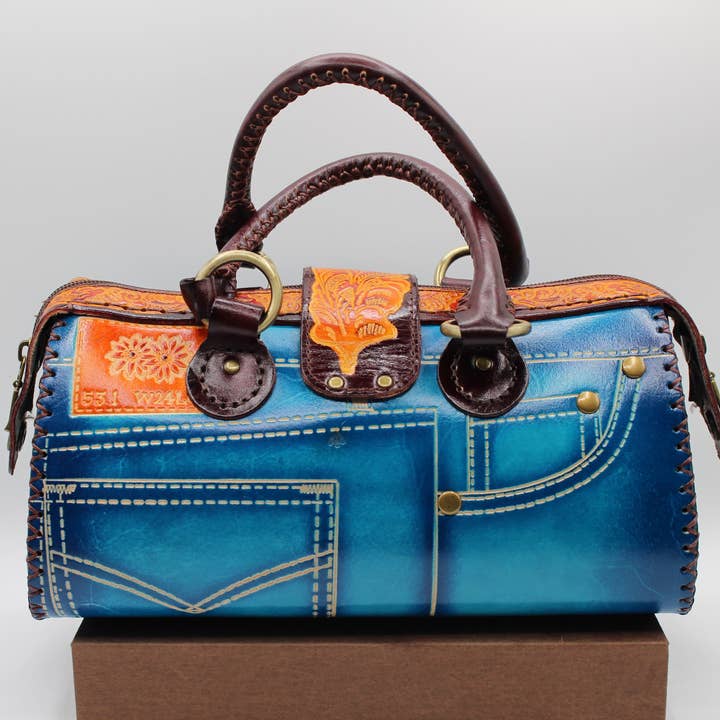 Sunflower Handmade leather inc - Wholesale Top Handle Bag - Women's - Handmade leather Jeans Handbag-blue