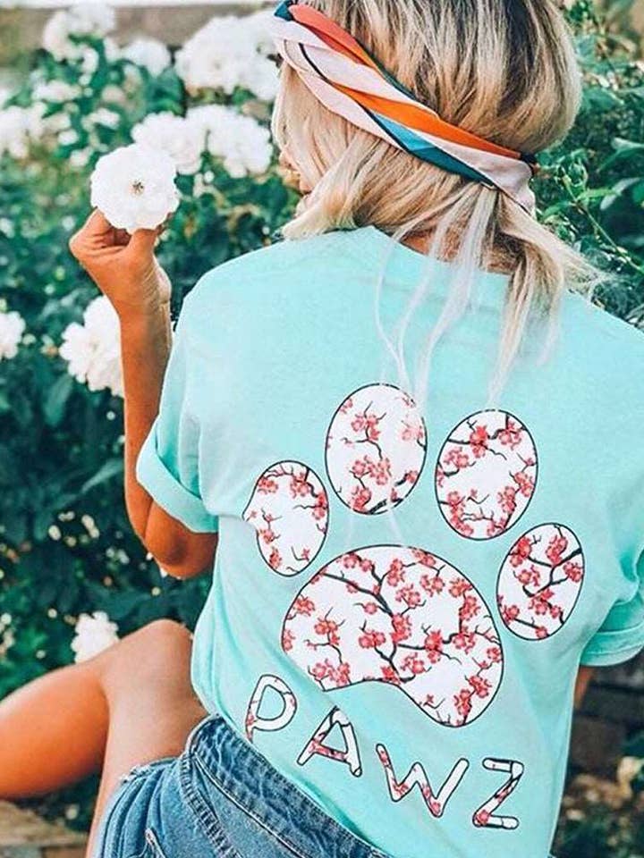 Lagoon Cherry Blossom Print Light Blue Tee for wholesale by PAWZ