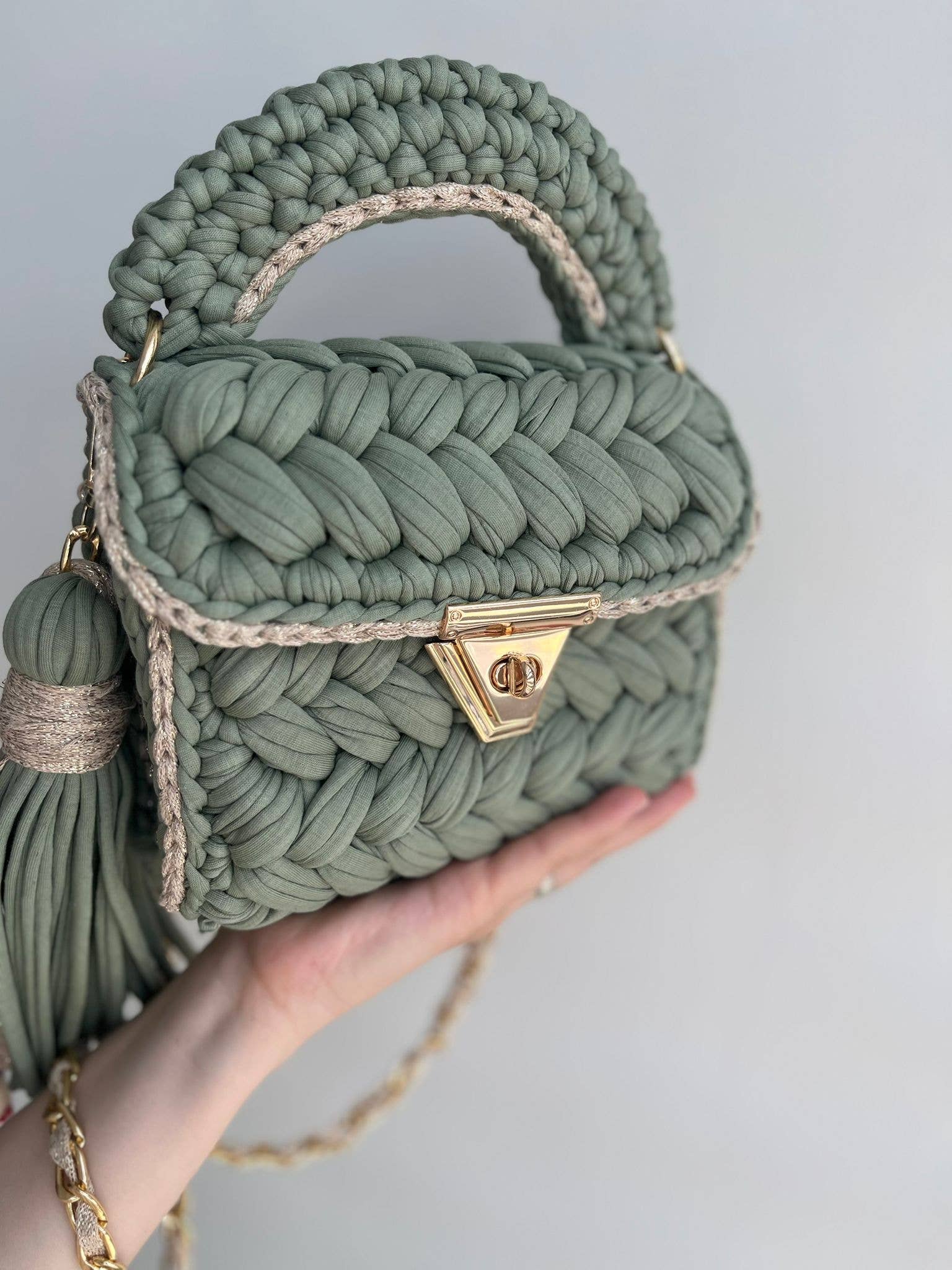 CHQEL - Wholesale Top Handle Bag - Women's - CHQEL Green Ribbon Bag for Women Handmade Crochet Purse