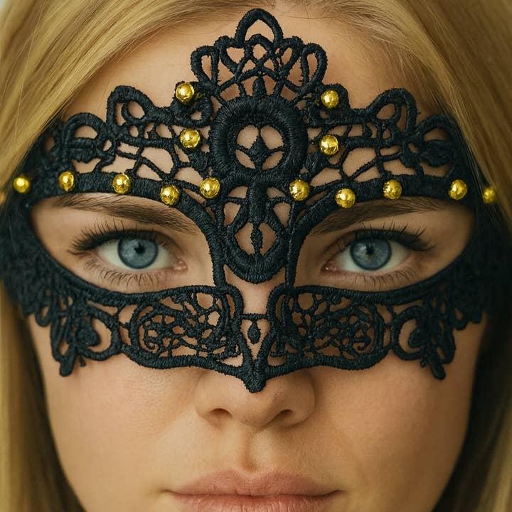 Gold Beaded Lace Cat Mask Halloween Masquerade for wholesale by Stylex Party