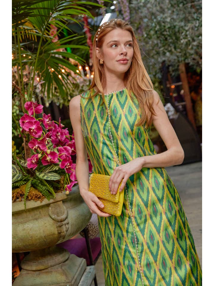 Green Hannah Dress Lime Ikat Jacquard for wholesale on Faire6
