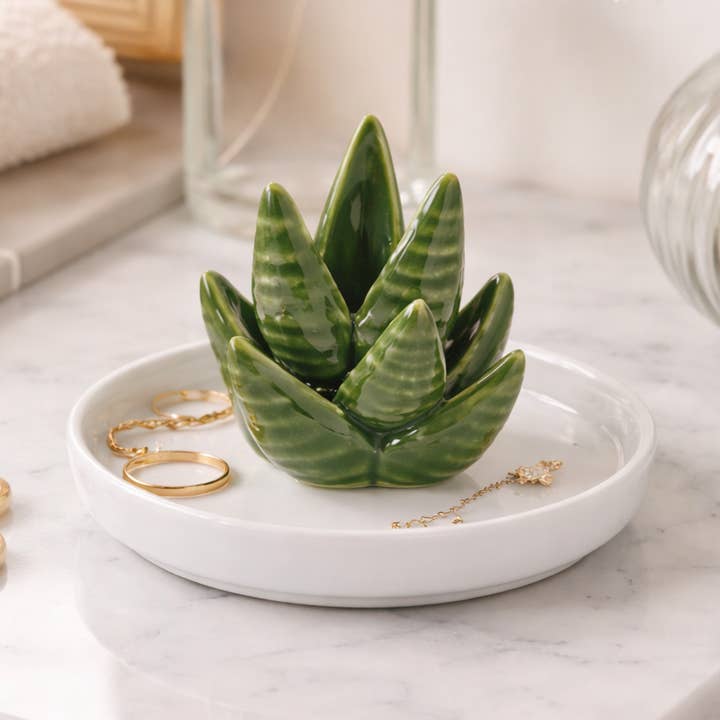 Ceramic Green Aloe Cactus Ring and Jewelry Dish for wholesale by Lilac and Rose