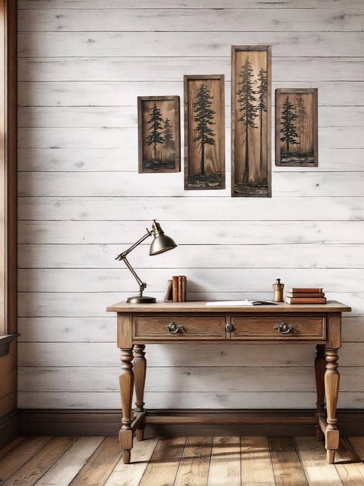 Fait main au Canada, ensemble de trois œuvres murales encadrées en bois représentant des arbres. pour la vente par MuralsBC