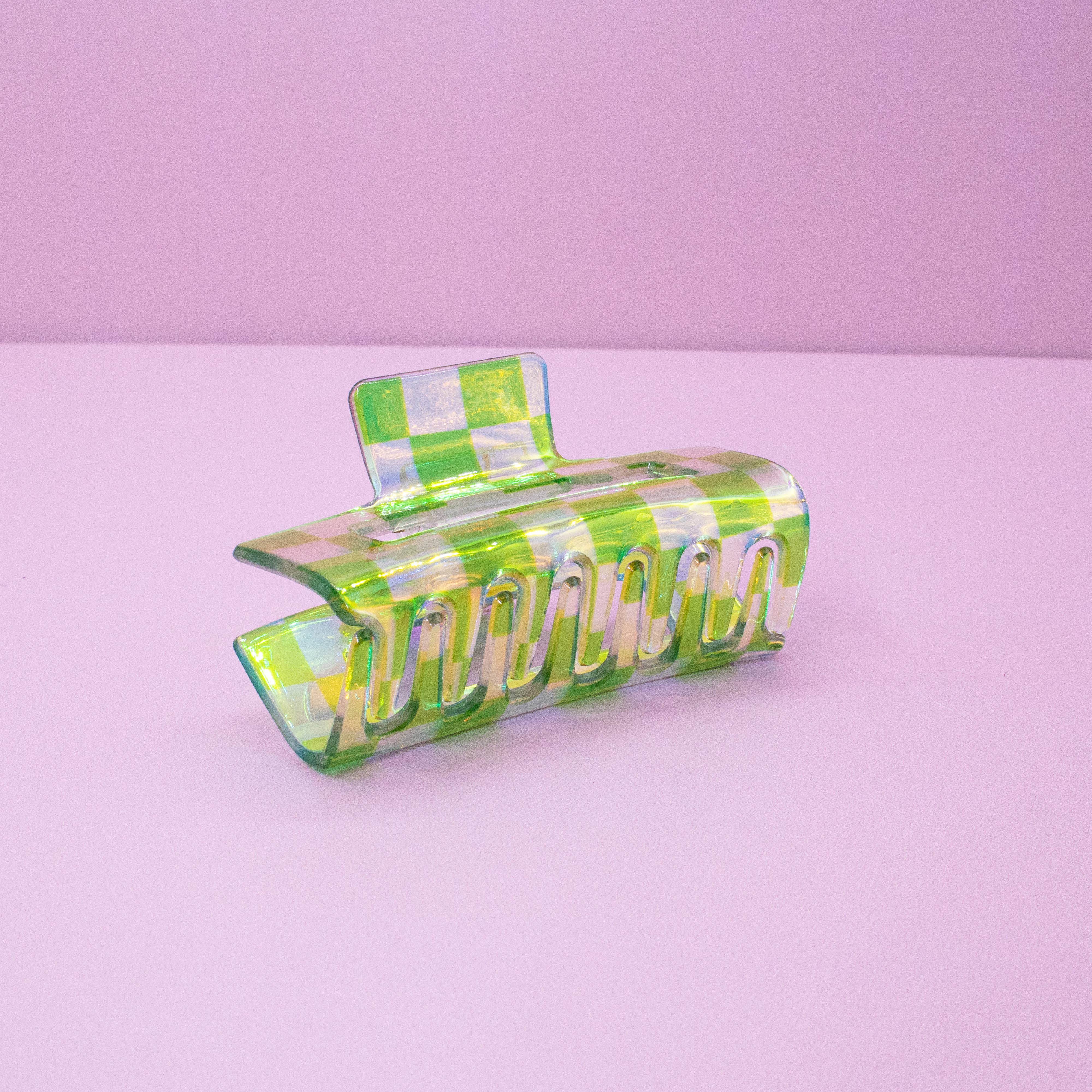 Frog Sac - Wholesale Hair Clip - Women's - Medium Square Iridescent Checkered Hair Claw Clip25