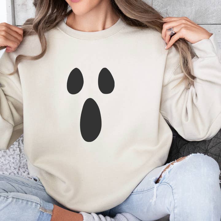 Ghost Halloween Crew Sweater in Cream for wholesale by Hunter Kouture