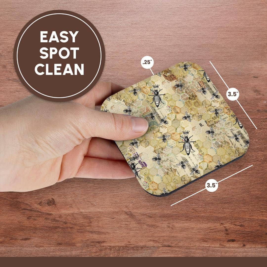 3dRose - Wholesale Coasters - 3dRose, Black, Green, Yellow Honeycomb, Bees, Crowns and Script Collage, Coaster13