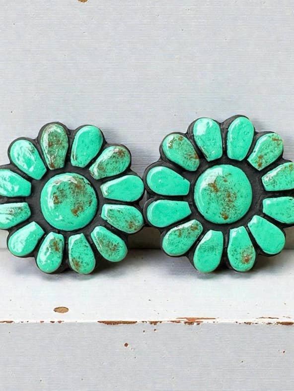 FAUX CLAY Green Turquoise Large Floral Cluster Earrings, for wholesale by Shop B.A Wear