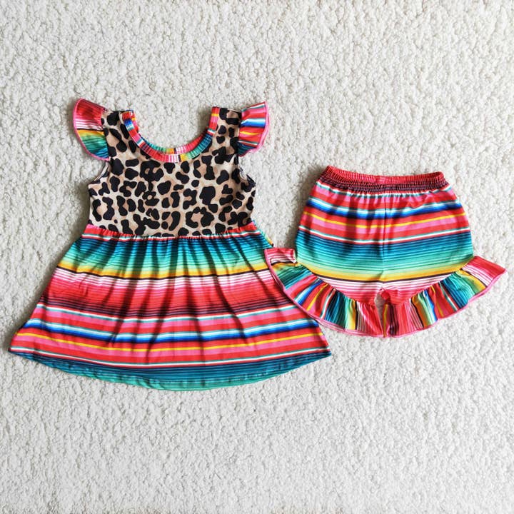 Yawoo Garments - Wholesale Top & Short Set - Kids - Leopard serape tunic ruffle shorts girls outfits