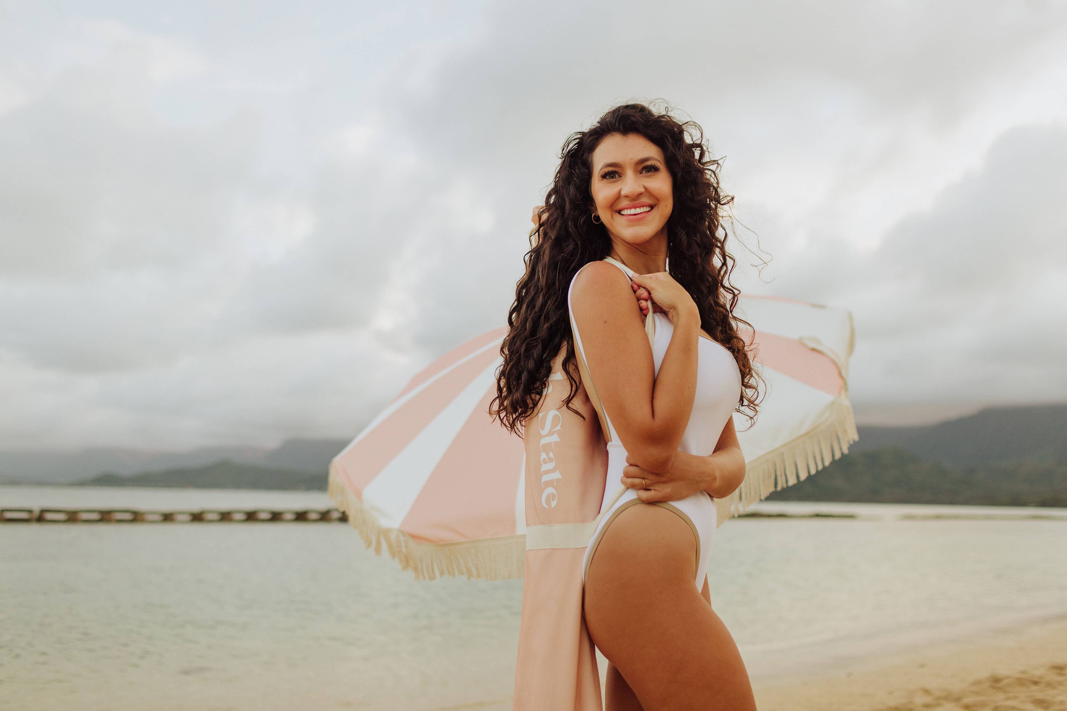 Beach State Summerland Beach Umbrella - Pink Salt Stripe for wholesale on Faire13