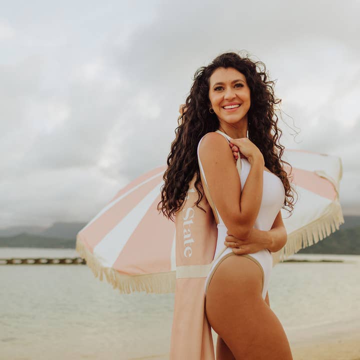 Beach State Summerland Beach Umbrella - Pink Salt Stripe for wholesale on Faire13