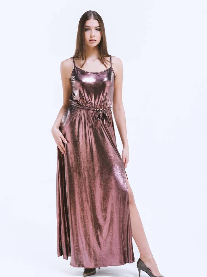 Laminated jersey evening dress, Metallic Pink for wholesale by ELENELEN SRL