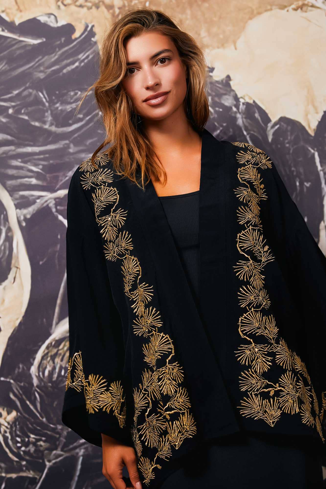 Artemis Muse - Wholesale Kimono - Women's - Japanese Pine Needle Embroidered Black and Gold Fully Lined Short Kimono2