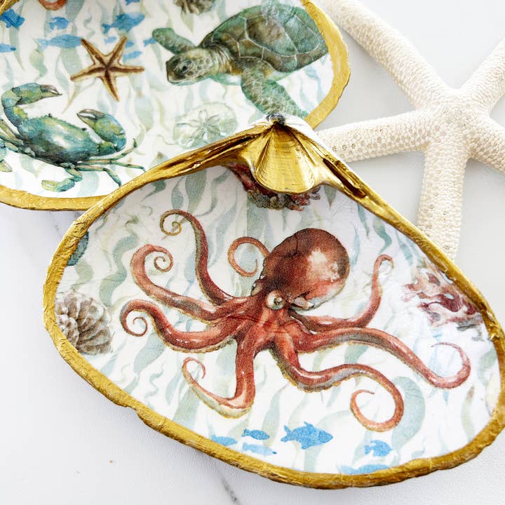 Sea Life Turtle Crab Octopus Decoupage Clam Shell Trinket for wholesale by Adori Designs