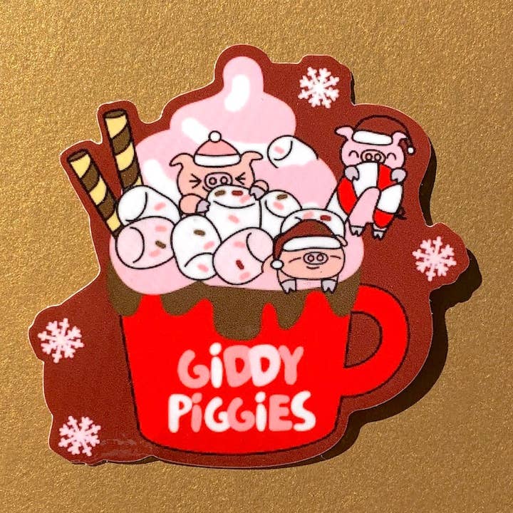 Giddy Piggies Hot Cocoa Glossy Sticker for wholesale by Giddy Piggies