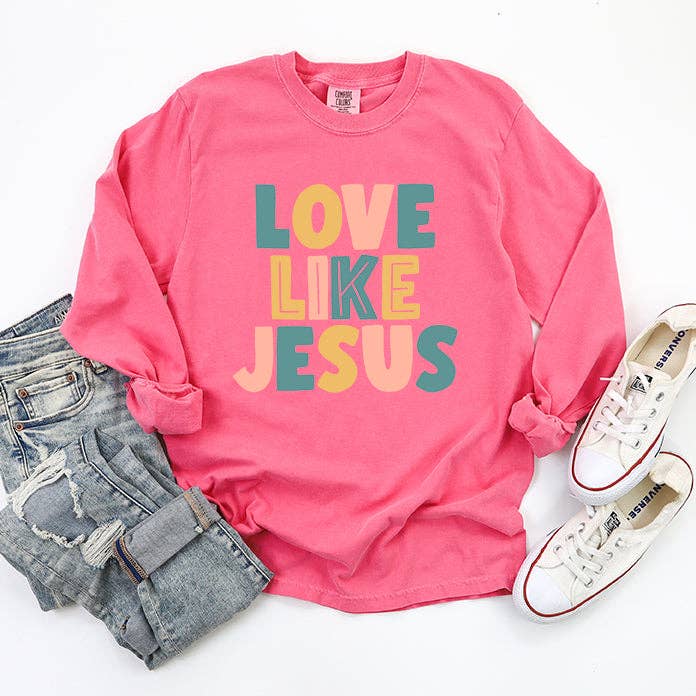 Love Like Jesus Colorful | Garment Dyed Long Sleeve for wholesale by Uplifting Threads Co Wholesale