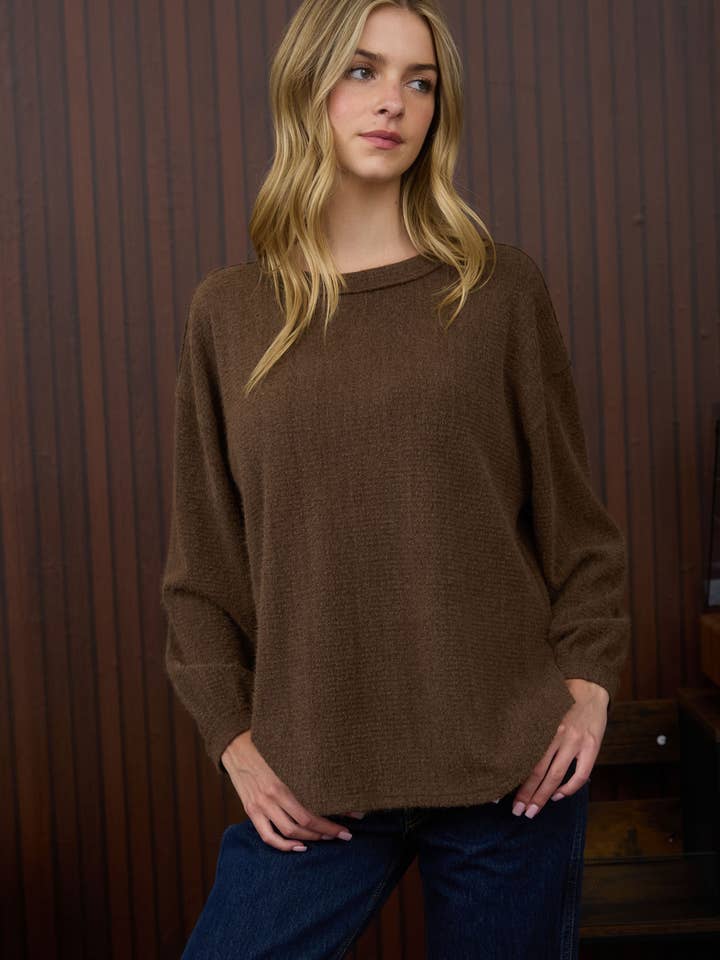 ROUND NECK LONG SLEEVE FUZZY KNIT TOP for wholesale by Blu Pepper