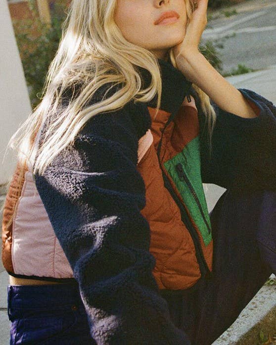 Color Retro Quilted Colorblock Jacket with Green Pocket for wholesale on Faire2