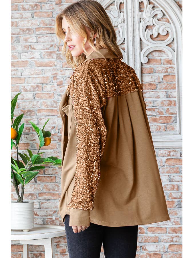7th Ray - Wholesale Shirt Jacket/Shacket - Women's - Sequin Contrast Knit Shacket for Women T5353