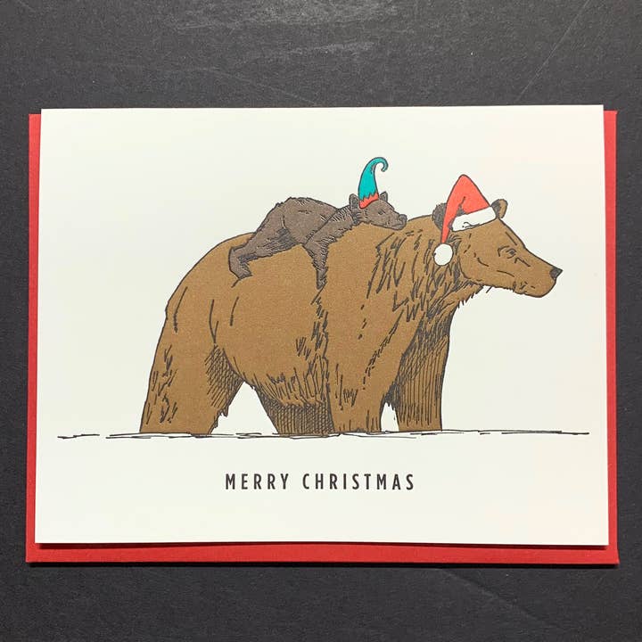 Porchlight Press Letterpress - Wholesale Christmas Card - Christmas Grizzly Bears 8 Card Set or Singles