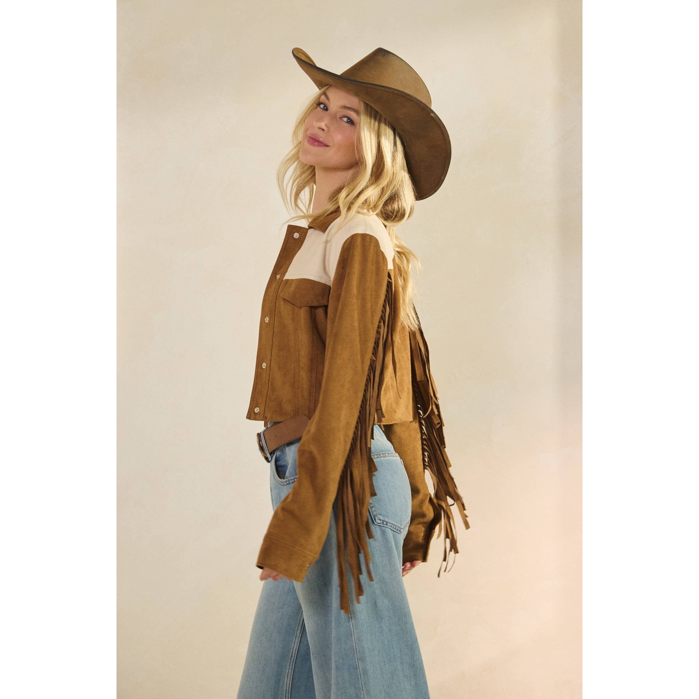 Camel Suede Jacket with Fringe Detail for wholesale on Faire15
