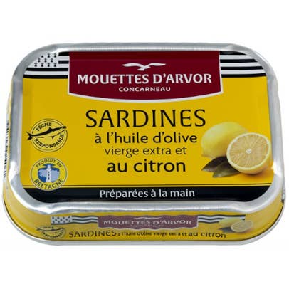 French Feast - Wholesale Tinned Fish - Mouettes d'Arvor Whole sardines in EVOO w/ lemon