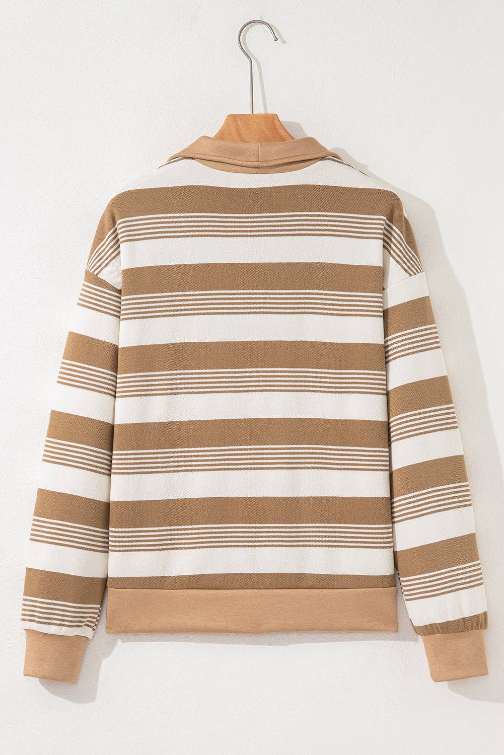 Khaki Stripe Zip Collar Patchwork Vintage Fashion Sweatshirt for wholesale on Faire1