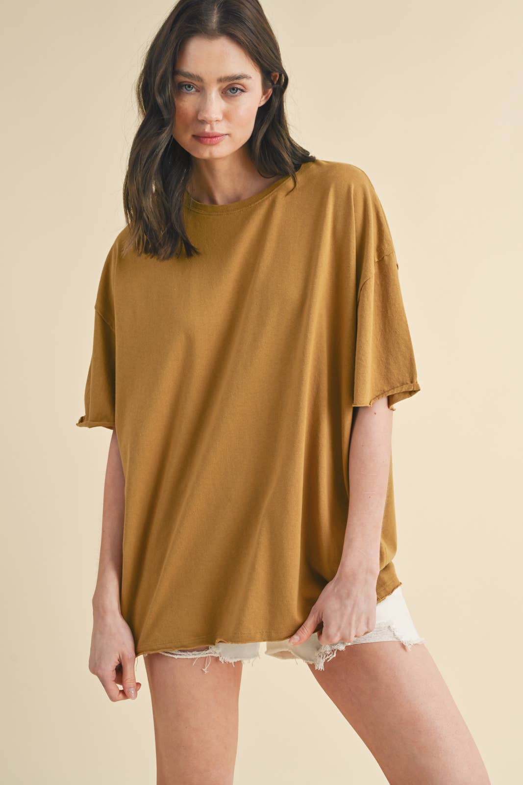 CAMEL OVERSIZED RAW HEM DETAIL SHIRT / WL24-8953 for wholesale on Faire