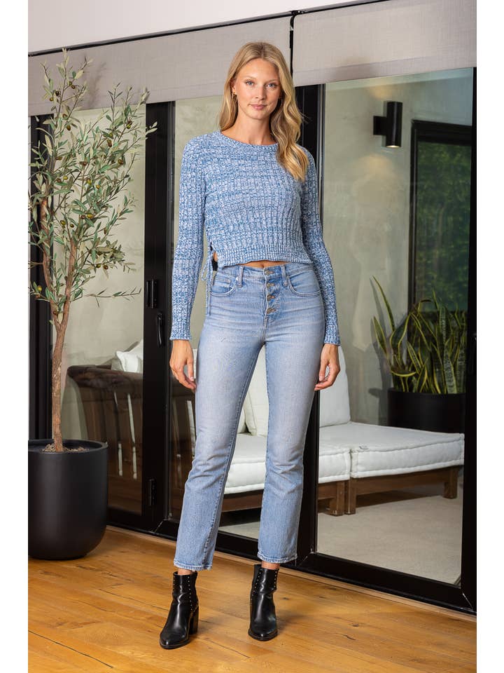 DENIM CABLE KNIT CROP SWEATER IBT15788 for wholesale on Faire4