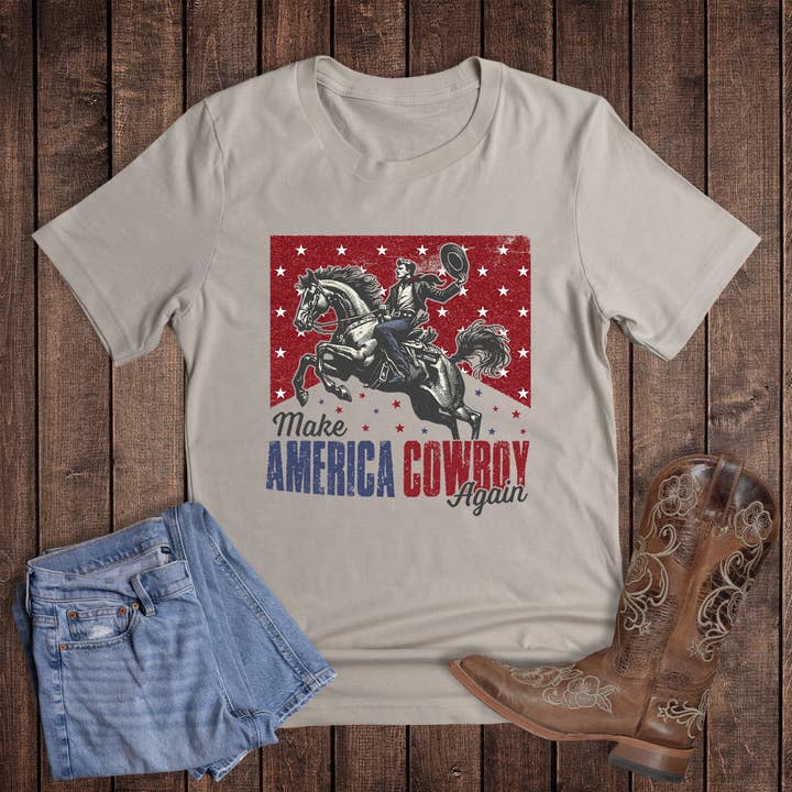 Patriotisches "Make America Cowboy Again" Grafik-T-Shirt für den Großhandel von Dust and Roots