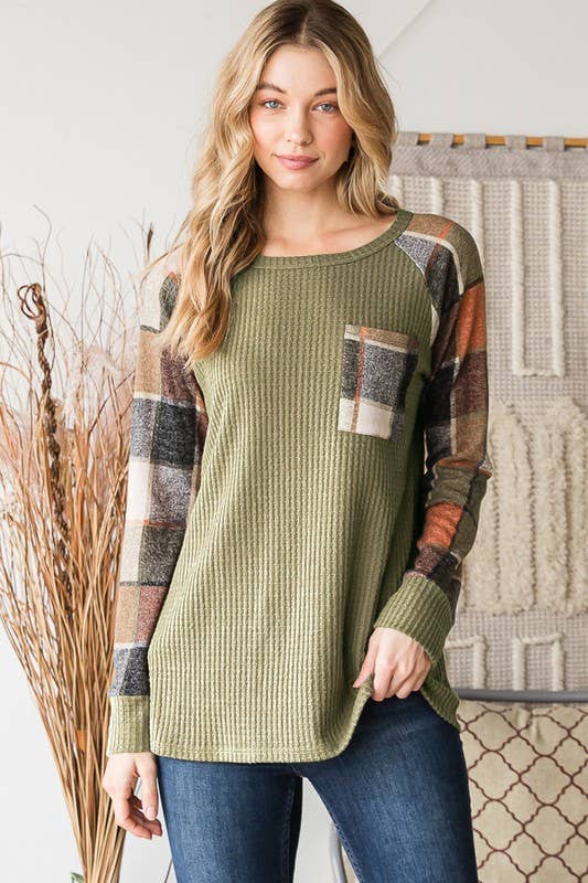 HEIMISH - Wholesale Blouse - Women's - ET6884-10 SOLID WAFFLE AND PLAID TOP WITH POCKET8