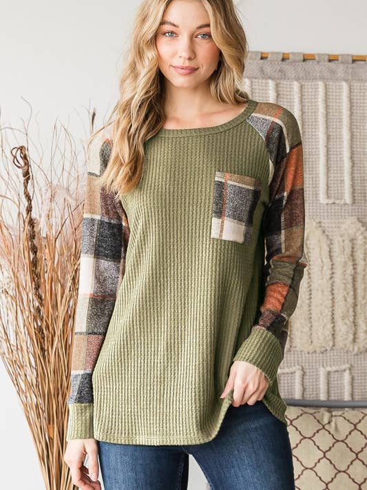 HEIMISH - Wholesale Blouse - Women's - ET6884-10 SOLID WAFFLE AND PLAID TOP WITH POCKET8