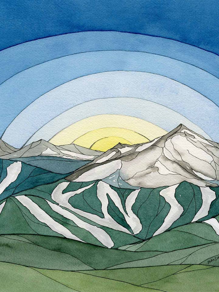 Saison de ski de Breckenridge - Paysage d'aquarelle de montagne pour la vente par Erika Donaghy Creative Studio