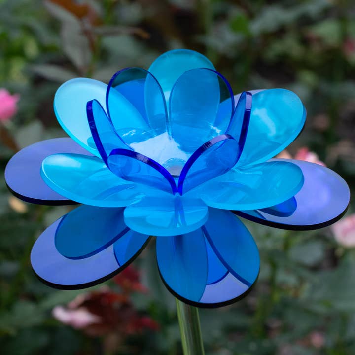 Blue aqua garden stake | Diamond lotus flower decor handmade for wholesale by The Colored Petal