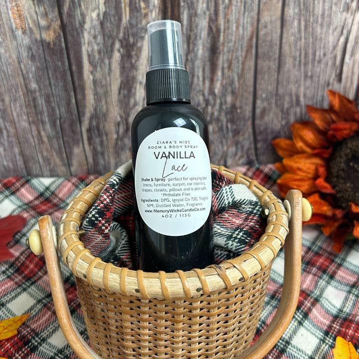 MemoryWicks Candle Co. - Wholesale Room & Linen Spray - Vanilla Lace, 4oz. Room & Body Spray