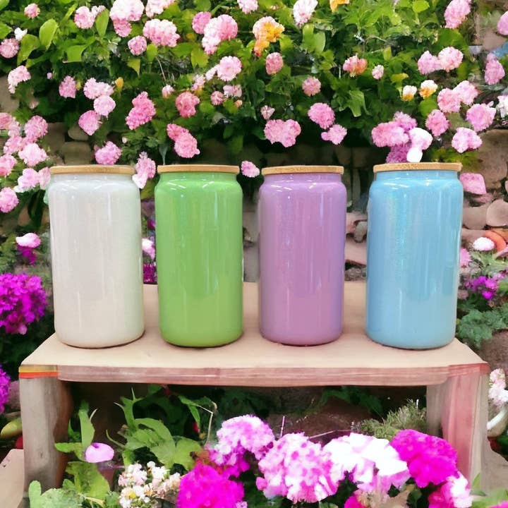 Shimmer Glass Can (16oz) for wholesale by OMG Cups!