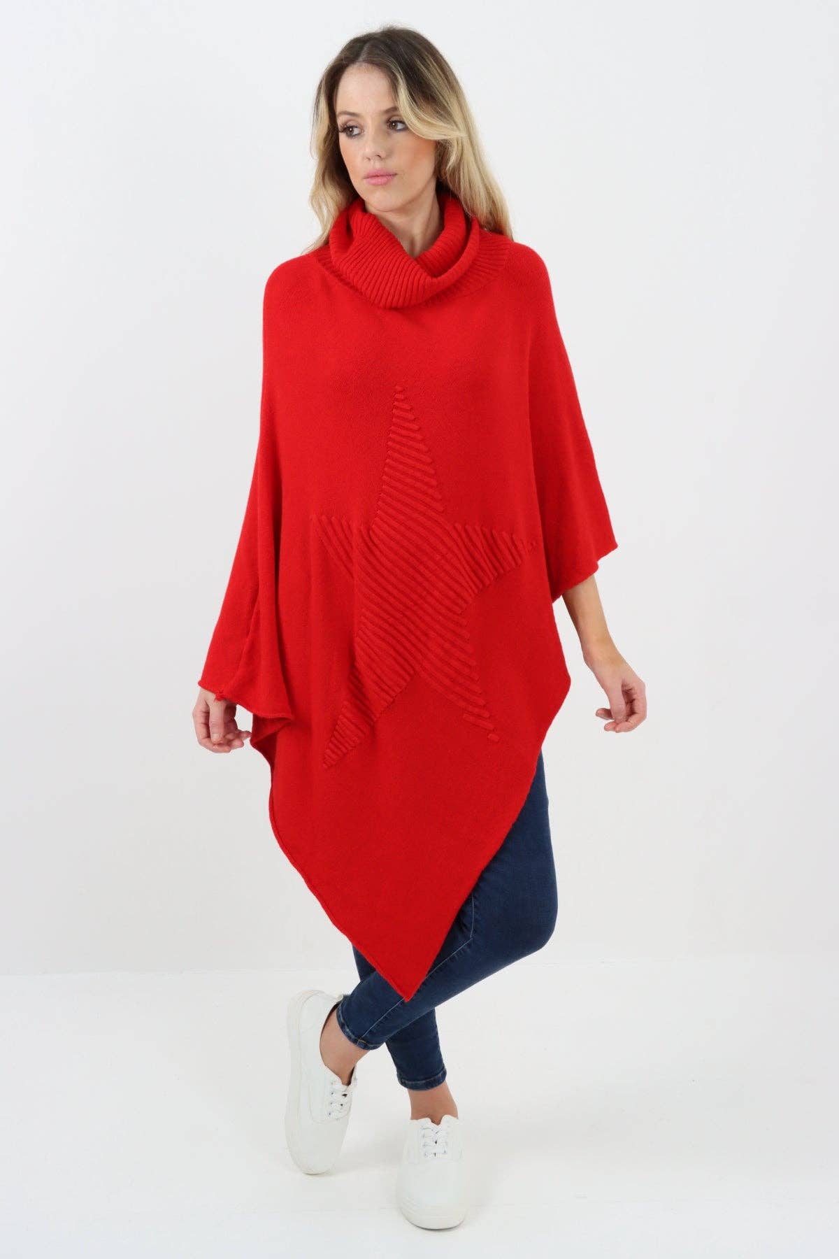 Miss Bold – Engroshandel Poncho - Dame – Italiensk strikket lagenlook poncho med stjernemønster og rullekrave36