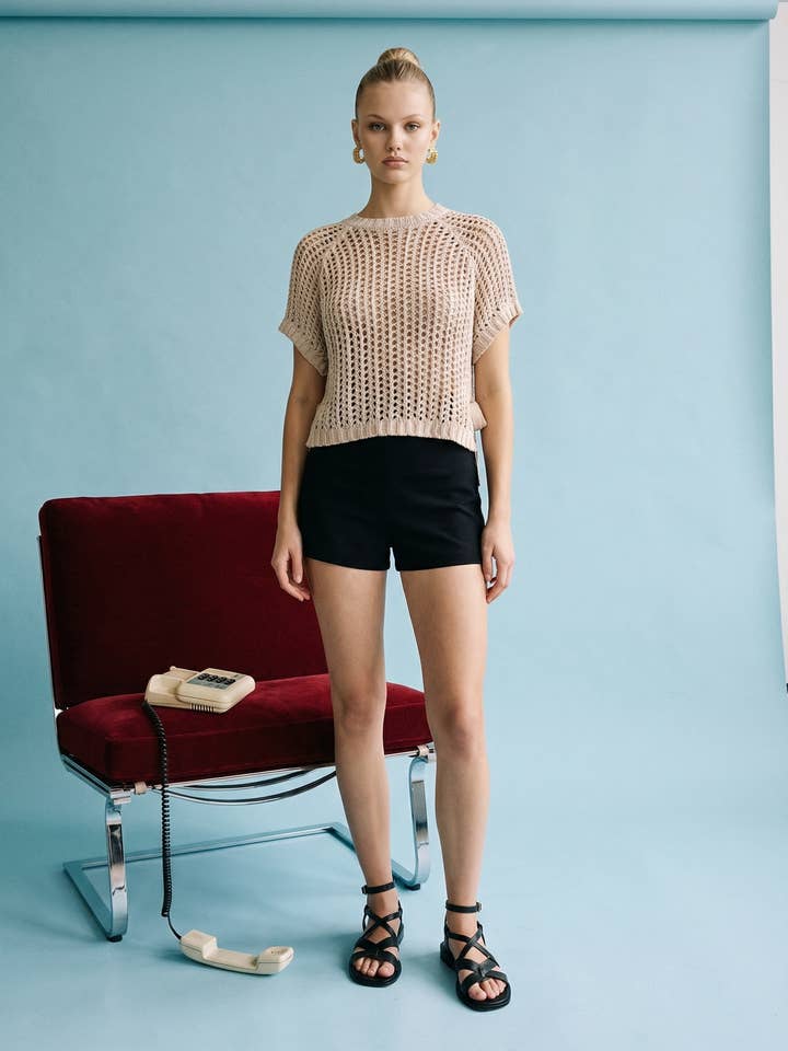 Top de malha aberta de manga curta por atacado de Heyson