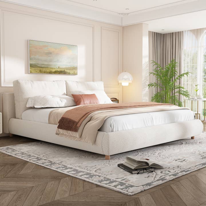 Lit king-size moderne en tissu avec tête de lit en boucle blanche pour la vente par 39F INC CANADA