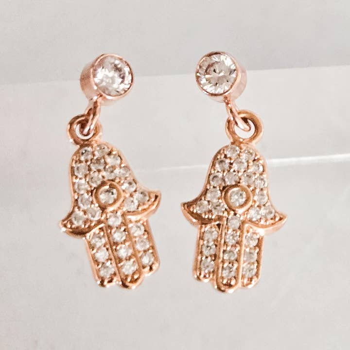 Dainty Hamsa Gold Filled or Rose Gold Filled CZ Studs for wholesale by Salt Sparkle Shalom