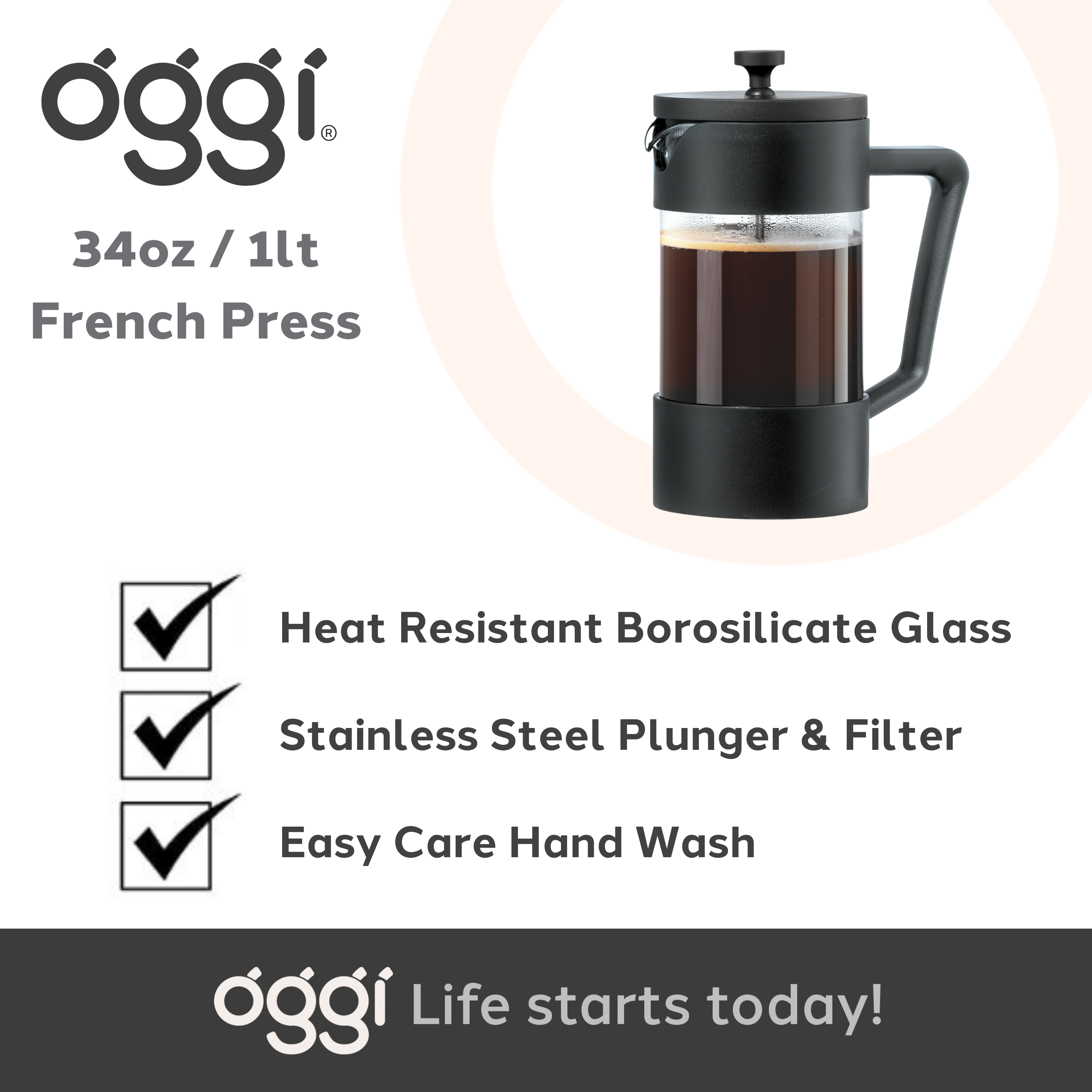 Oggi – Großhandel French Press – French Press 8 Tassen Borosilikat-Kaffeemaschine (1 l, 34 oz)6
