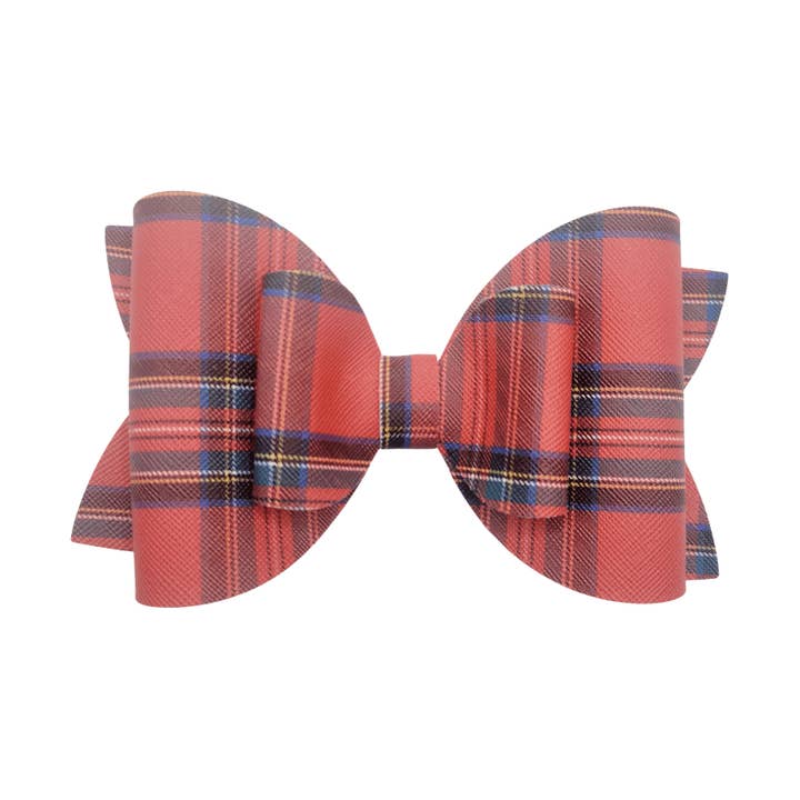 Red Plaid Leather Hair Bow Clip for wholesale by Kofi Kreations