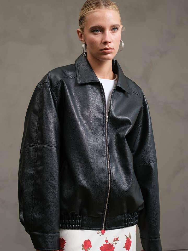 Pebble Grain Faux Leather Zip Up Blouson Jacket - RJ1022 for wholesale by RAISONNEL