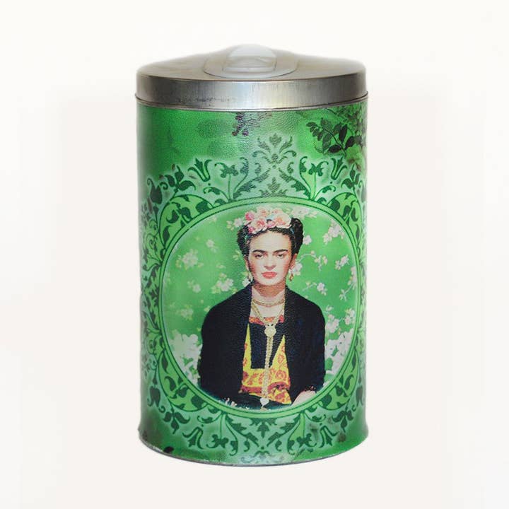 Green Framed Frida Kahlo Yerba Mate Canister for wholesale by SoulMate Yerba Co. LLC