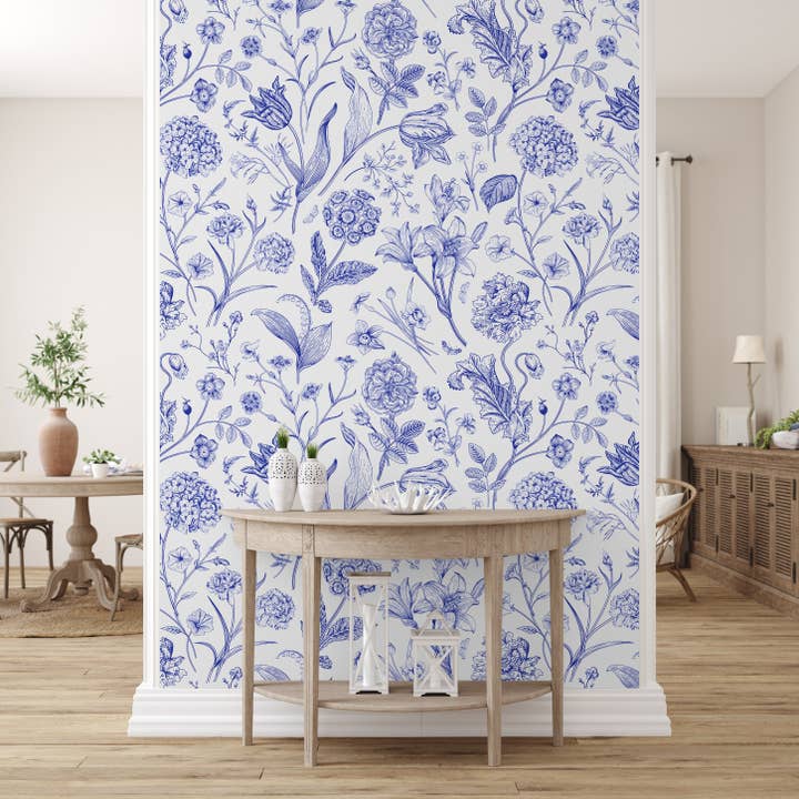 Vintage Blue Floral Wallpaper for wholesale by Everett Park
