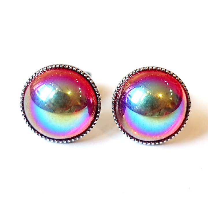 Cool Red Aurora Opal Stud Earrings with Handmade Glass Stone for wholesale by SoHo Schmuckmanufaktur