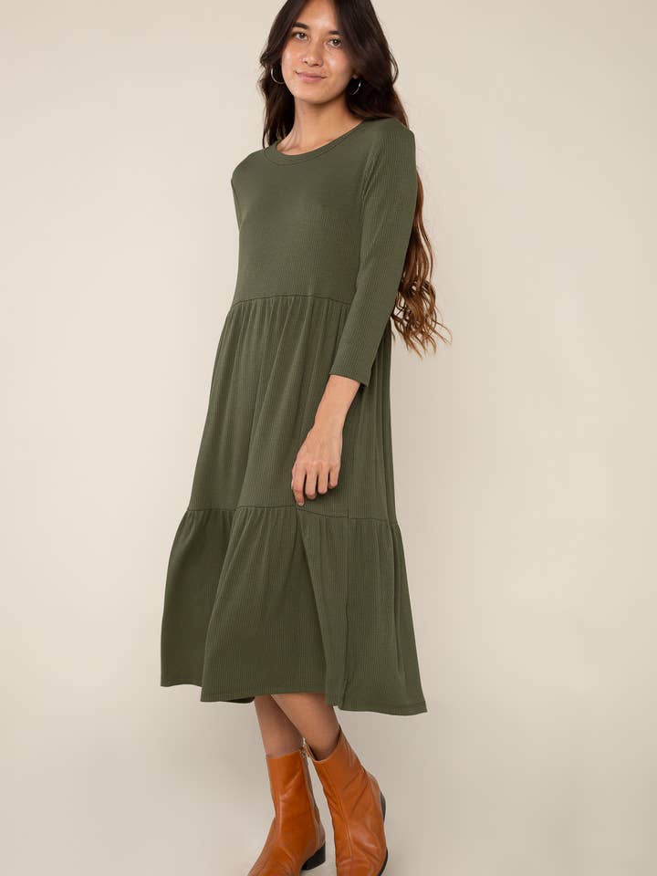 Lacy Rib Dress - Plus Size | Tiered Midi 3/4 Sleeve for wholesale by NLT