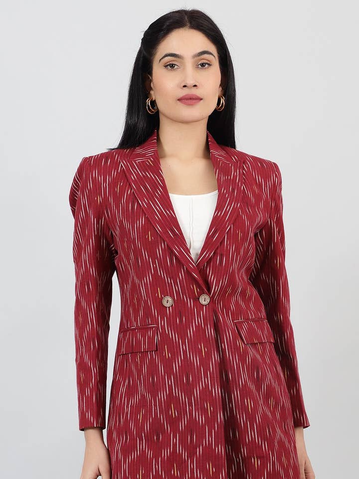 Blazer en coton rouge Ikat (7) pour la vente par INDOPHILIA