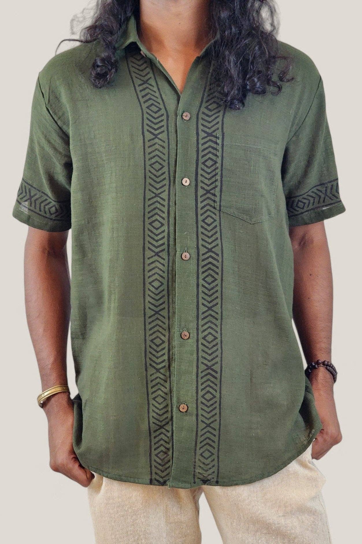 Sacred Ceremony - Wholesale Button Down Shirt - Men's - Men's Green Organic Linen Short Sleeve Block-Printed Button-Down Shirt