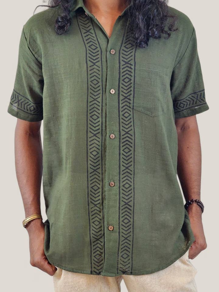 Sacred Ceremony - Wholesale Button Down Shirt - Men's - Men's Green Organic Linen Short Sleeve Block-Printed Button-Down Shirt