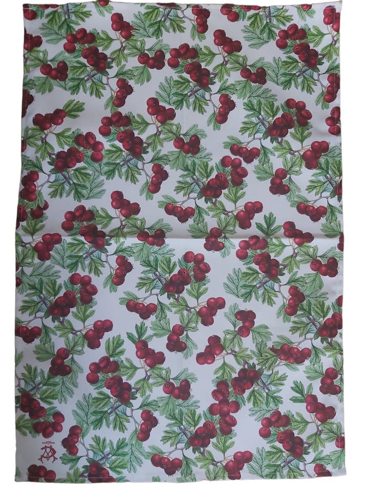 Hawthorn and berries antique print tea towel for wholesale by Wanda Coyne Collection